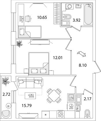 54 м², 2-комн. квартира, 3/9 этаж