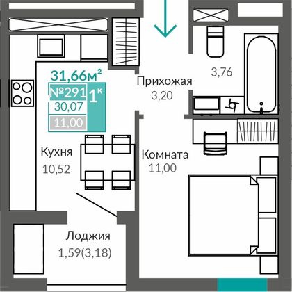 30,1 м², 1-комн. квартира, 8/9 этаж