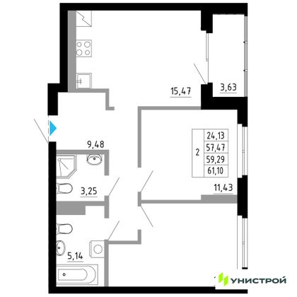 59,3 м², 2-комн. квартира, 11/27 этаж