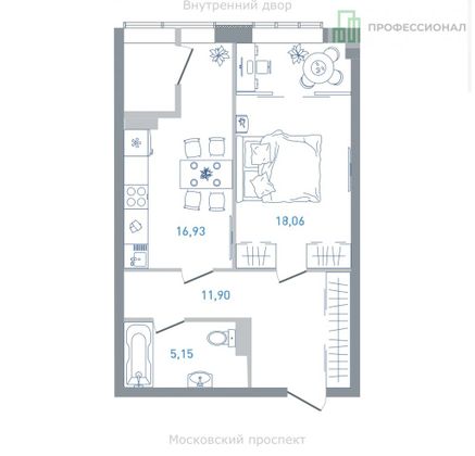 Продажа 1-комнатной квартиры 53,1 м², 4/7 этаж
