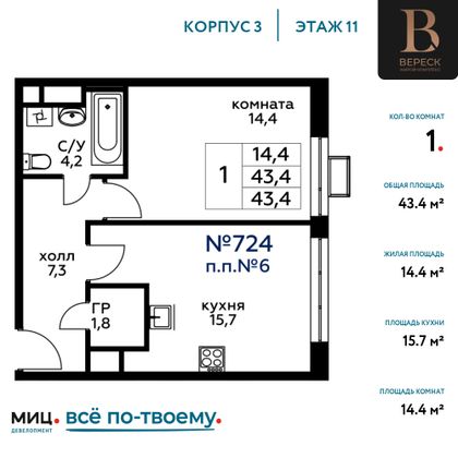 Продажа 1-комнатной квартиры 43,4 м², 11/21 этаж