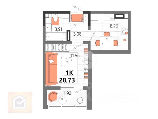 28,7 м², 1-комн. квартира, 9/13 этаж