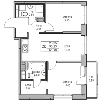 Продажа 2-комнатной квартиры 50,2 м², 21/23 этаж