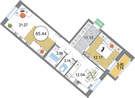 65,4 м², 2-комн. квартира, 2/12 этаж