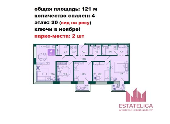 Продажа 4-комнатной квартиры 121 м², 20/28 этаж