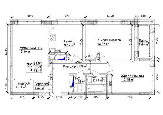 Продажа 3-комнатной квартиры 67,3 м², 8/15 этаж