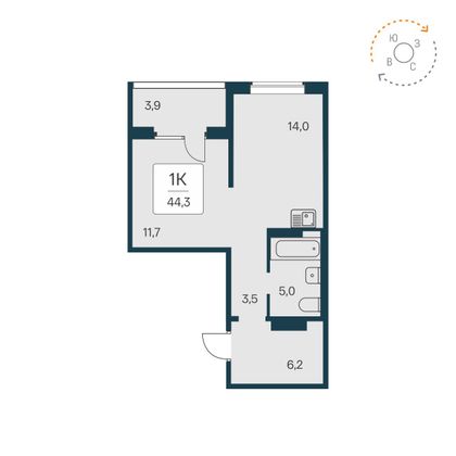 44,3 м², 1-комн. квартира, 2/17 этаж