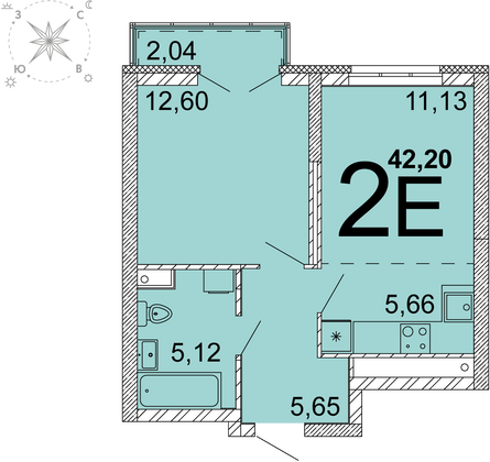 41,1 м², 2-комн. квартира, 30 этаж