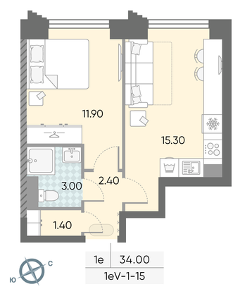Продажа 1-комнатной квартиры 34 м², 15/58 этаж