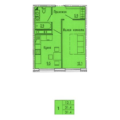 31,4 м², 1-комн. квартира, 17/18 этаж