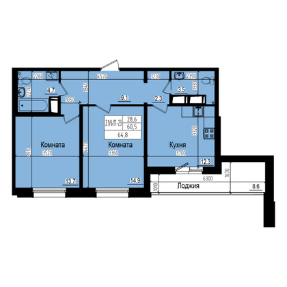 64,8 м², 2-комн. квартира, 23/23 этаж