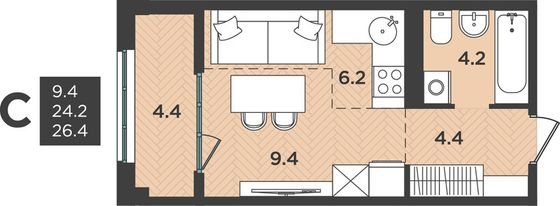 26,4 м², 1-комн. квартира, 8/12 этаж