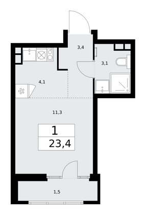 23,4 м², 1-комн. квартира, 13/15 этаж