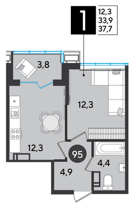 Продажа 1-комнатной квартиры 37,7 м², 15/16 этаж