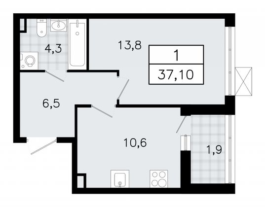 37,1 м², 1-комн. квартира, 4/12 этаж