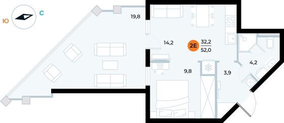 52 м², 1-комн. квартира, 2/6 этаж