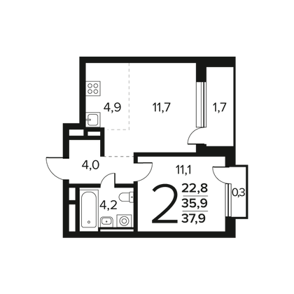 Продажа 2-комнатной квартиры 37,9 м², 3/9 этаж