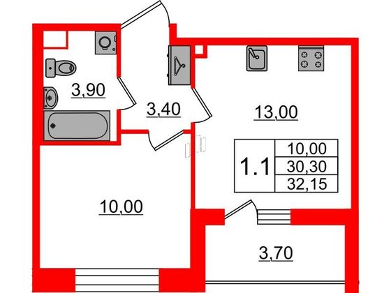 Продажа 1-комнатной квартиры 30,3 м², 2/12 этаж
