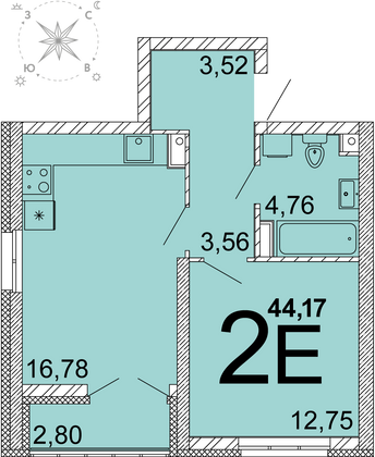 42,6 м², 1-комн. квартира, 26 этаж