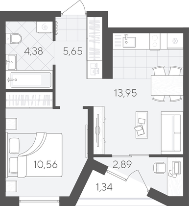 38,8 м², 1-комн. квартира, 7/9 этаж