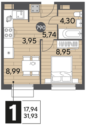 Продажа 1-комнатной квартиры 31,9 м², 6/12 этаж