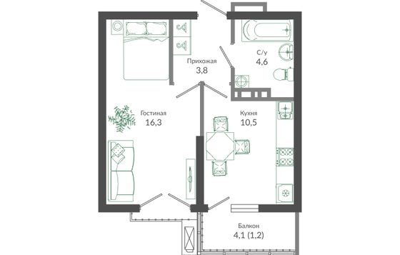 36,4 м², 1-комн. квартира, 12/12 этаж