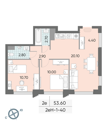 Продажа 2-комнатной квартиры 53,6 м², 40/58 этаж