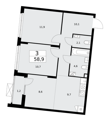 58,9 м², 3-комн. квартира, 2/15 этаж