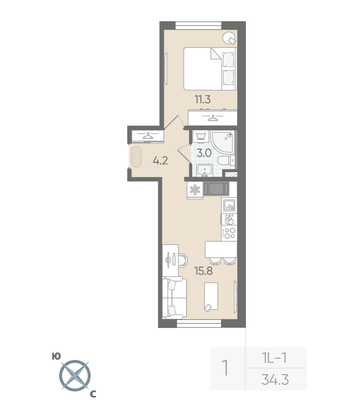 Продажа 1-комнатной квартиры 34,3 м², 9/22 этаж