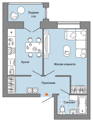 38 м², 1-комн. квартира, 6/8 этаж