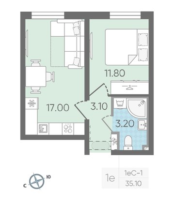 Продажа 1-комнатной квартиры 35,1 м², 25/25 этаж