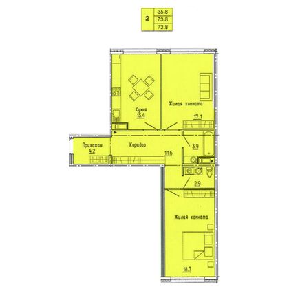 73,8 м², 2-комн. квартира, 12/18 этаж