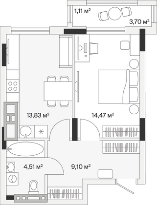 43 м², 1-комн. квартира, 3/7 этаж