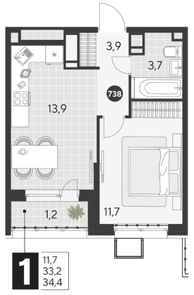 Продажа 1-комнатной квартиры 34,4 м², 15/21 этаж