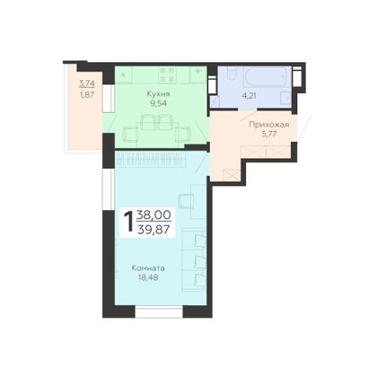 Продажа 1-комнатной квартиры 39,9 м², 2/19 этаж