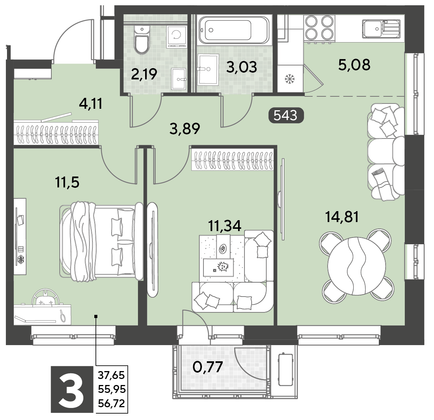 Продажа 3-комнатной квартиры 56,7 м², 21/21 этаж