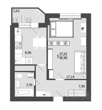 Продажа 1-комнатной квартиры 39 м², 8/9 этаж