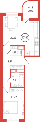 Продажа 1-комнатной квартиры 47,9 м², 3/12 этаж