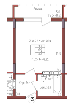 30,3 м², 1-комн. квартира, 2/9 этаж