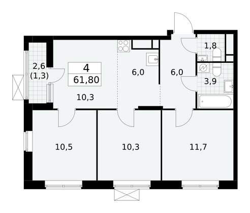 61,8 м², 4-комн. квартира, 14/16 этаж