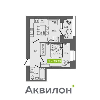 39,4 м², 1-комн. квартира, 9/9 этаж