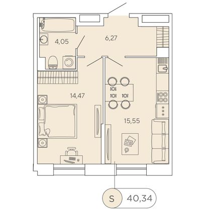 40,3 м², 1-комн. квартира, 1/12 этаж