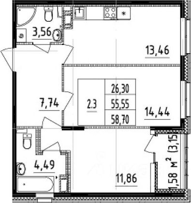 Продажа 2-комнатной квартиры 57,5 м², 6/14 этаж