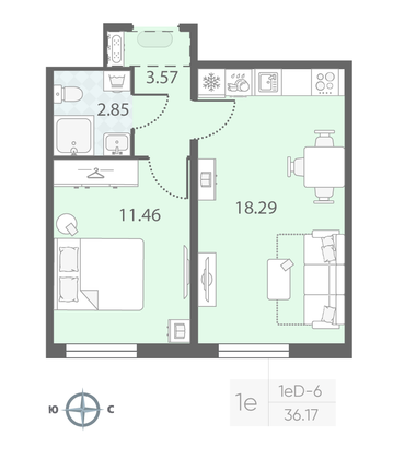 Продажа 1-комнатной квартиры 36,2 м², 4/23 этаж