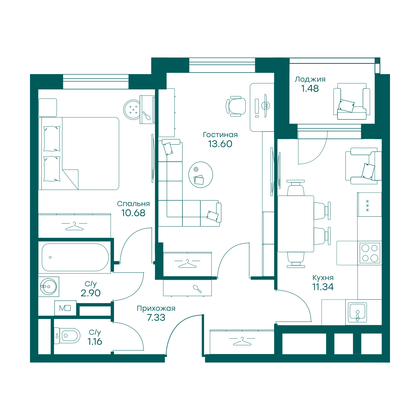 48,4 м², 2-комн. квартира, 5/5 этаж