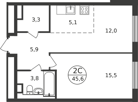 45,6 м², 2-комн. квартира, 6/9 этаж