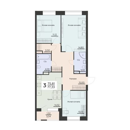 Продажа 3-комнатной квартиры 77,3 м², 6 этаж