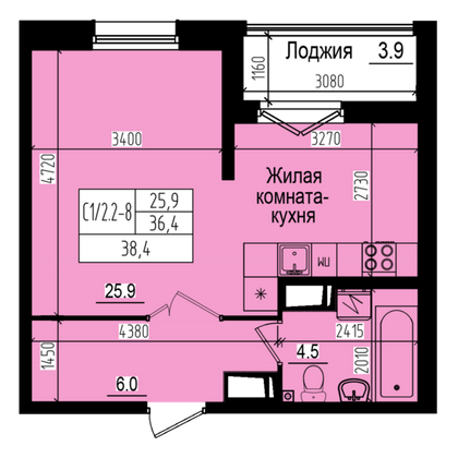 38,4 м², студия, 6/23 этаж