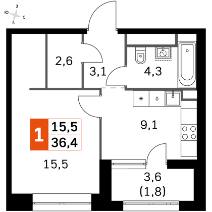 36,5 м², 1-комн. квартира, 2/31 этаж