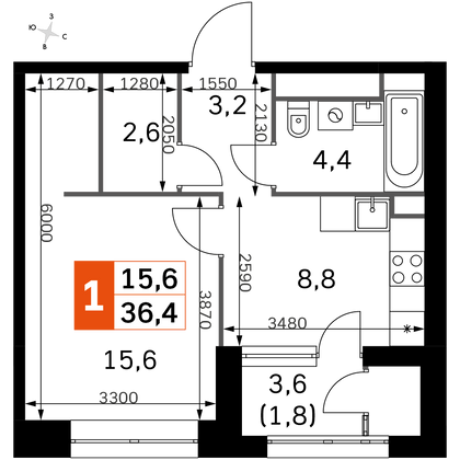 36,4 м², 1-комн. квартира, 25/31 этаж